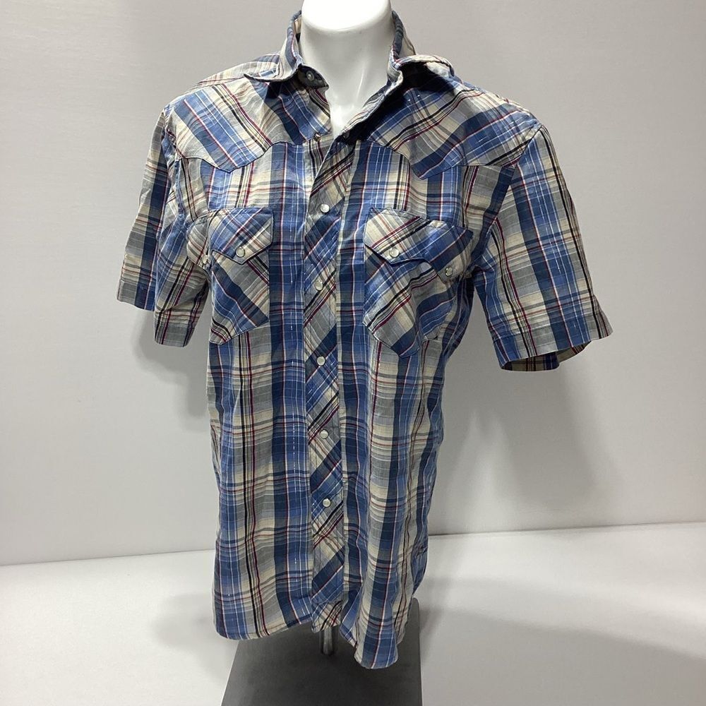 Rustler Wrangler Western Shirt Pearl Snap Blue Plaid Short Sleeve S Men’s